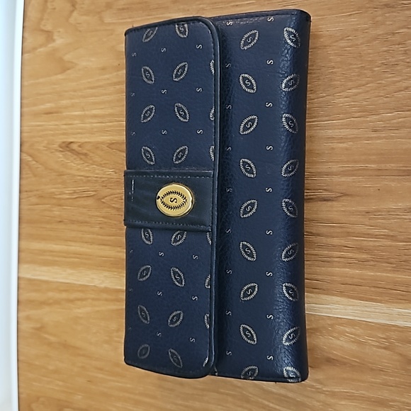 Vintage SARNA Trifold Wallet by Roger Gimble- Gold Logo Navy Blue - Picture 1 of 11